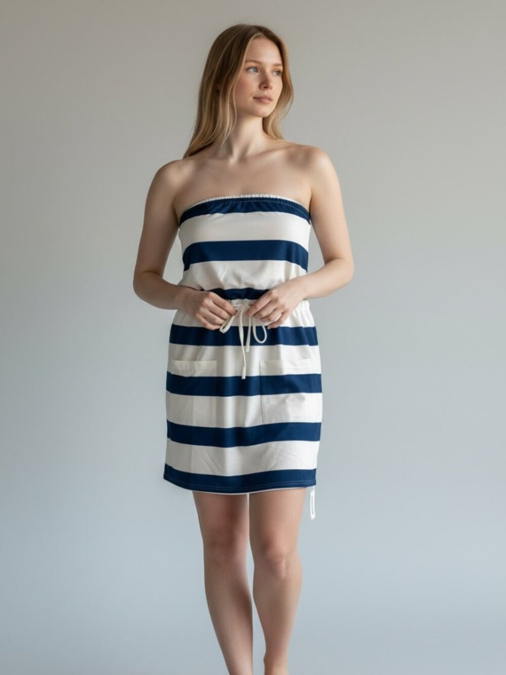 Belinda Strapless Drawstring Dress Striped Navy White Beach Summer Womens Medium